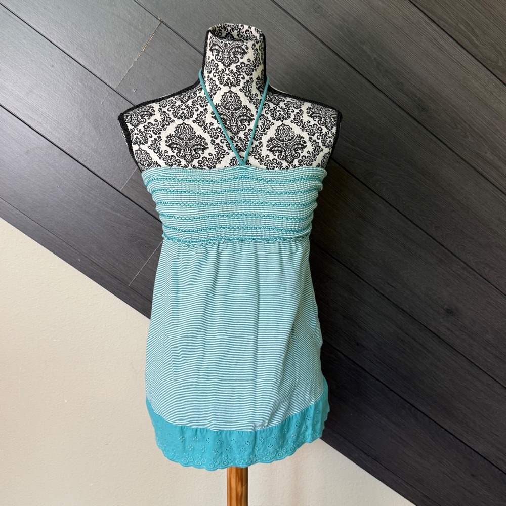 SO Women's Halter Smocked Striped Eyelet Tank Top Aqua Blue Size M Y2K Festival